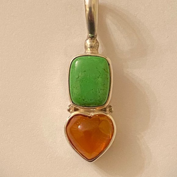 Sajen Green Turquoise and Amber Heart Sterling Silver Pendant - Picture 2 of 6